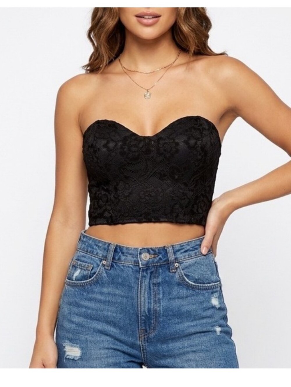 Naked Wardrobe Black Lace Strapless Bustier Crop Top Camisole Sz M New